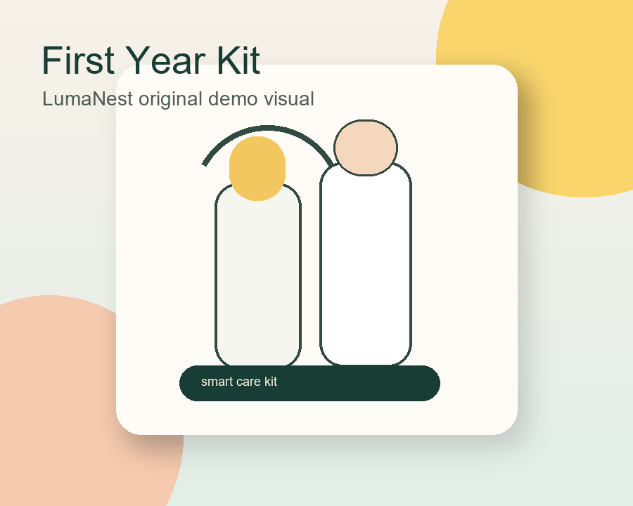 Illustrated first year baby care kit with bottles and accessories