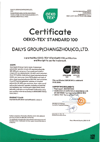 OEKO-TEX Standard 100 certificate supplied by Dailys Group Changzhou